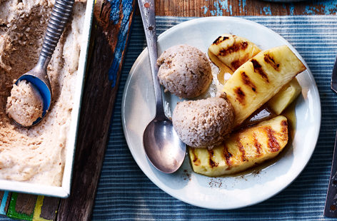 Perfect for a weekend feast, this vegan-friendly summer dessert only needs a few ingredients and can even be made on the barbecue. Griddling the pineapple brings out its natural sweetness and tastes delicious with a no-churn banana and bread ice cream