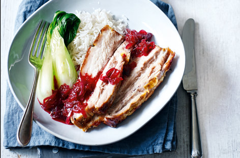 Try something adventurous this weekend with your Sunday roast. This succulent pork belly, scored and rubbed with rich spices for a glorious crispy skin, tastes even more heavenly served with a sticky-sweet plum sauce