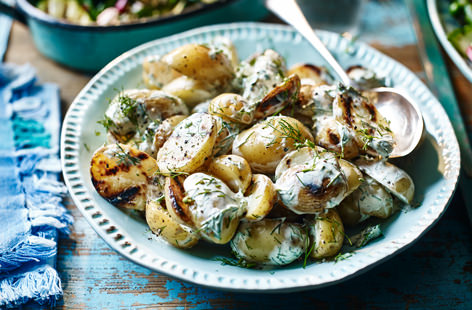 Take the classic barbecue side up a notch with this chargrilled potato salad. Barbecuing the new potatoes gives them the perfect crispness and a gorgeous, smoky flavour that is a perfect match for a fragrant herb and crème frâiche dressing