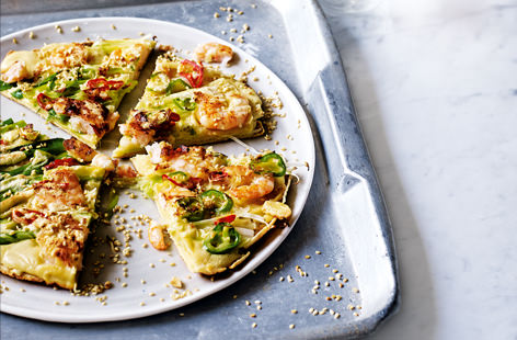 An Asian-inspired, dairy-free pancake recipe topped with juicy king prawns and fresh chillies. Serve with a soy sauce and rice wine vinegar dip for dunking