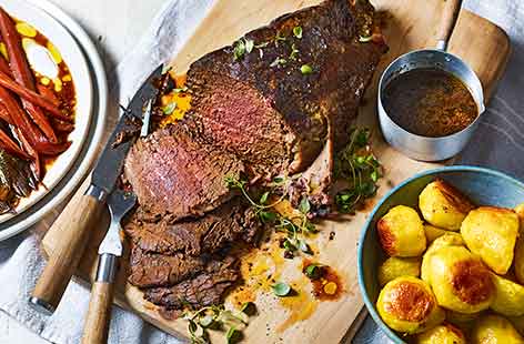 For the ultimate Sunday lunch, try slow-roasting a succulent beef topside joint. Topping with a sugar and mustard mix and cooking in a foil parcel alongside plenty of fresh veg and stock gives super succulent meat and tender veg crammed with flavour