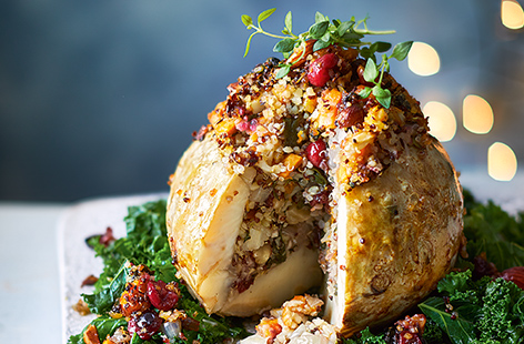 This stunning vegan centrepiece will knock the socks off your Christmas guests, whether they're vegan, veggie or meat eaters.