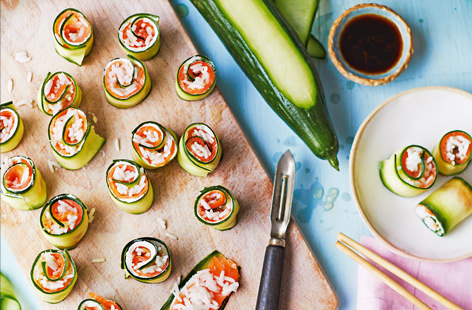 Swap your nori sheets with cucumber ribbons to make these fresh inside-out sushi rolls. With a slather of cream cheese, smoked salmon and a dash of wasabi paste, these are perfect for pre-dinner nibbles or a creative snack