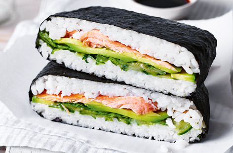 Feeling creative? Take cues from the Japanese and swap bread for sushi rice and nori sheets and pull together this gluten- and dairy-free sandwich, filled with hot smoked salmon flakes and pickled cucumber. 
