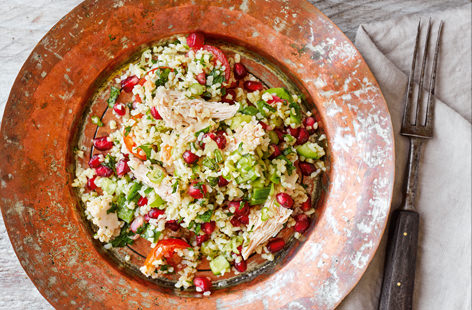 This fragrant salad is loaded with gorgeous Middle-Eastern flavours and is an inventive way of using up leftover roast chicken. On the table in just 20 minutes, it is the perfect fuss-free dinner for two