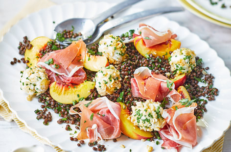 This Italian-inspired salad makes a tasty midweek supper for two and can be on the table in less than 15 minutes. The Parmesan, goat’s cheese and soft cheese balls are the hero of the dish, rolled in chopped hazelnuts and chives to add texture.