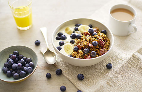 Making your own granola couldn't be easier and in reality you can use any mixed nuts from the storecupboard. Combine them with porridge oats, a neutral oil and honey, then bake until golden. Serve with fresh fruit and yoghurt, or in a mug for dinner when no one is looking.