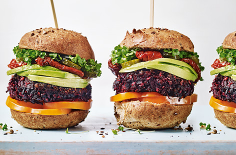 These vibrant, fiery beetroot patties take veggie burgers to a whole other level. Stack them up with creamy avocado, juicy sundried tomatoes and pickled gherkins for a sensational main
