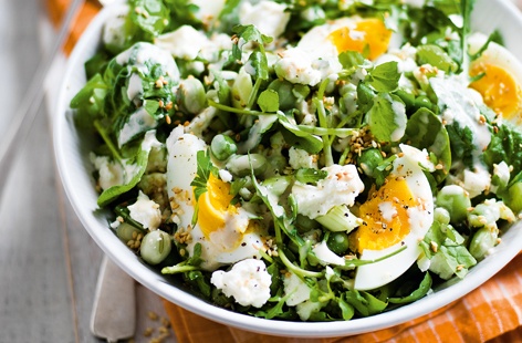 Bursting with refreshing, vibrant flavours, this speedy salad is a deliciously easy dinner idea for two. Nutty broad beans, crumbled feta cheese and soft-boiled eggs with perfectly molten yolks, all offset by a gorgeous, velvety tahini sauce