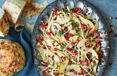 This quick and easy salad really makes the most of the season's bright and flavoursome ingredients. Hearty Puy lentils topped with nutty celeriac, aniseed-flavoured fennel, vibrant pomegranate jewels and sweet pear, and drizzled with a sharp dressing