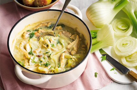 Frying succulent chicken thighs until golden, cooking slowly in a white wine and fennel broth and finishing off with soft cheese and dill, gives a hearty chicken stew that's packed with fresh spring flavour