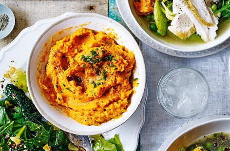 Mix up your classic sweet potato mash with the addition of fragrant chives and aromatic miso. Baking the potatoes makes them much easier to mash and the fact that this recipe uses just three ingredients makes it the ultimate hassle-free roast dinner side