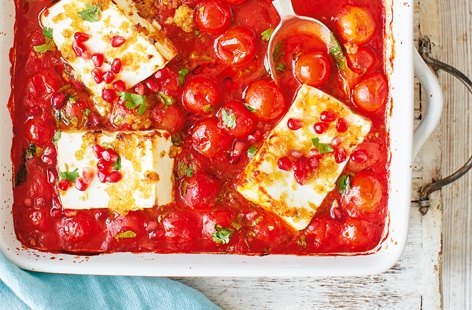 Delicately spiced with harissa and perfumed with preserved lemons, this quick and easy dinner has all of the fragrant flavours of the Middle East. Juicy cherry tomatoes and creamy feta are baked in the oven with a sprinkling of pomegranate seeds to finish