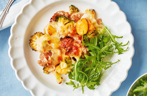 This simple dinner for two can be ready in just over half an hour and makes a comforting, filling midweek meal. Nutritious broccoli florets, pillowy gnocchi and chilli-spiced sausage meat are topped with mozzarella and Parmesan and baked until golden