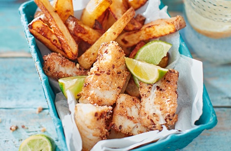Fish and chips, but not as you know it! We've packed tons of extra flavour into this iconic British supper with a lemon, thyme and paprika crumb and perfectly crisp celery salt chips. This zingy twist on a classic will transport you straight to the seaside
