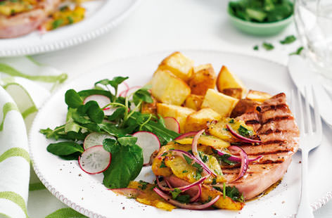 Griddled gammon steaks taste heavenly served with crispy potatoes, a sweet, zesty pineapple salsa and refreshing watercress salad