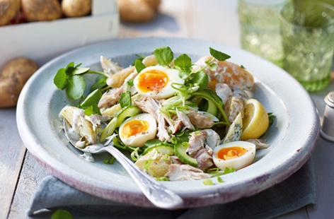 Summery salads needn’t be boring and this seasonal delight, with crunchy cucumber, peppery watercress and Jersey Royals, really packs a flavour punch. Mix in chunks of salty smoked mackerel, gooey soft-boiled eggs and a drizzle of creamy caper dressing