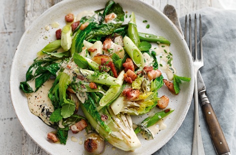 Braised lettuce leaves make a great light base to this créme fraîche and bacon dish.