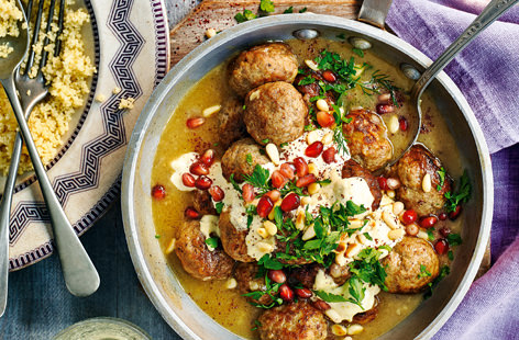This winter feast on lightly-spiced meatballs, topped with a swirl of houmous, pine nuts and refreshing mint. 