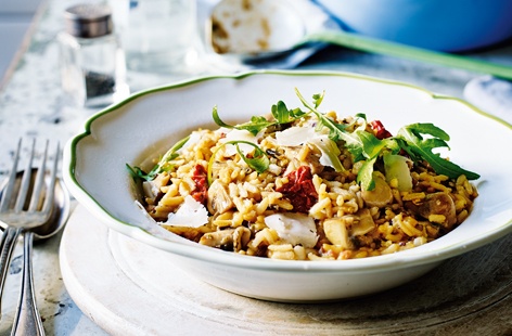 For a twist on a classic risotto try this quick and easy recipe made with wholegrain rice and quinoa. With creamy goat's cheese, button mushrooms and fresh rosemary, it makes a hearty, comforting midweek meal that you can whip up in under 15 minutes