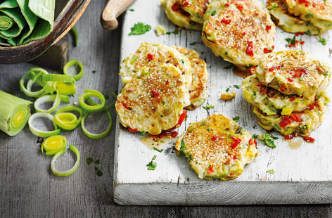 These easy, savoury pancakes pair the mellow sweetness of leeks with some punchy chilli heat – served with an Asian dipping sauce, they’re delicious as a quick snack or light lunch