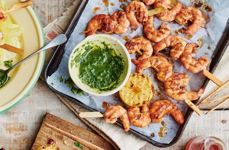 Hot enough for a barbecue? Fire up these spicy prawn skewers which are marinated in piri piri sauce and grilled until charred