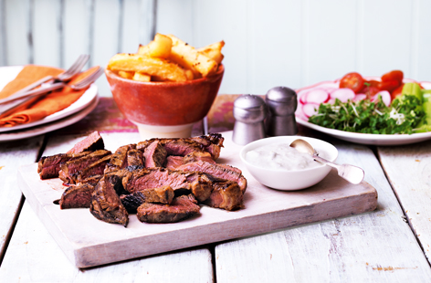 Give your steak a spicy makeover with a tomato, Tabasco and Worcestershire sauce marinade. Add a crisp side salad and creamy stilton dressing for a heavenly midweek meal.