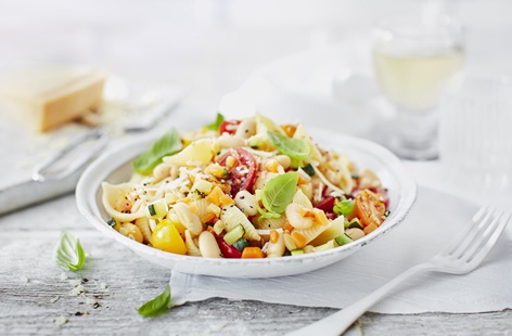 Jam-packed with colourful tomatoes, courgette and cannellini beans, this super summery pasta salad makes an excellent light lunch or picnic dish
