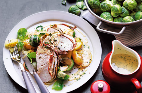 Served with a creamy dressing rather than the traditional gravy, these pancetta-wrapped turkey breasts make a sophisticated festive dinner for two that’s ready in under an hour