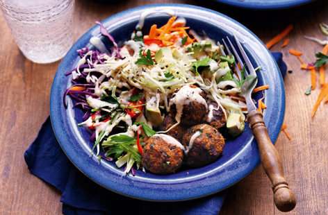 Discover Middle Eastern flavours with our rainbow salad and falafel recipe, made using black beans and sweet potato.