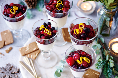 A Christmas dessert that will seriously impress guests. The mixed berries are 'hiding' a layer of deliciously creamy eggnog panna cotta. Eggnog is traditionally made with booze, but leave it out if you're teetotal – or would prefer.