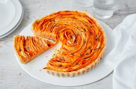 For a delicious savoury treat, try this delicate rose-shaped tart made with sweet potato, thyme and flavoursome Parmesan