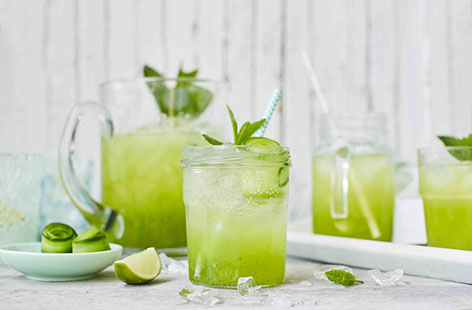 This refreshing cooler makes the perfect non-alcoholic drink for a hot summer's day. Mint-infused cucumber juice topped up with fragrant elderflower cordial, punchy lime and soda water, finished off with elegant strips of cucumber and fresh mint sprigs