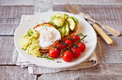 Try our fresh take on classic eggs Benedict with this delightful vegetarian recipe. Instead of a classic rich hollandaise, it's served with a flavour-packed green sauce made using cashew nuts, fresh herbs and lemon juice