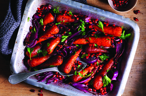 Vibrant orange Chantenay carrots, rich red onions and jewel-like pomegranate seeds make this colourful side dish is a real showstopper