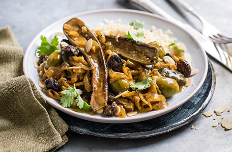 Flavoured with green olives, preserved lemon, harrisa paste and fragrant spices, this punchy vegetarian aubergine tagine recipe is perfect to enjoy with friends, and can be made in a slow cooker