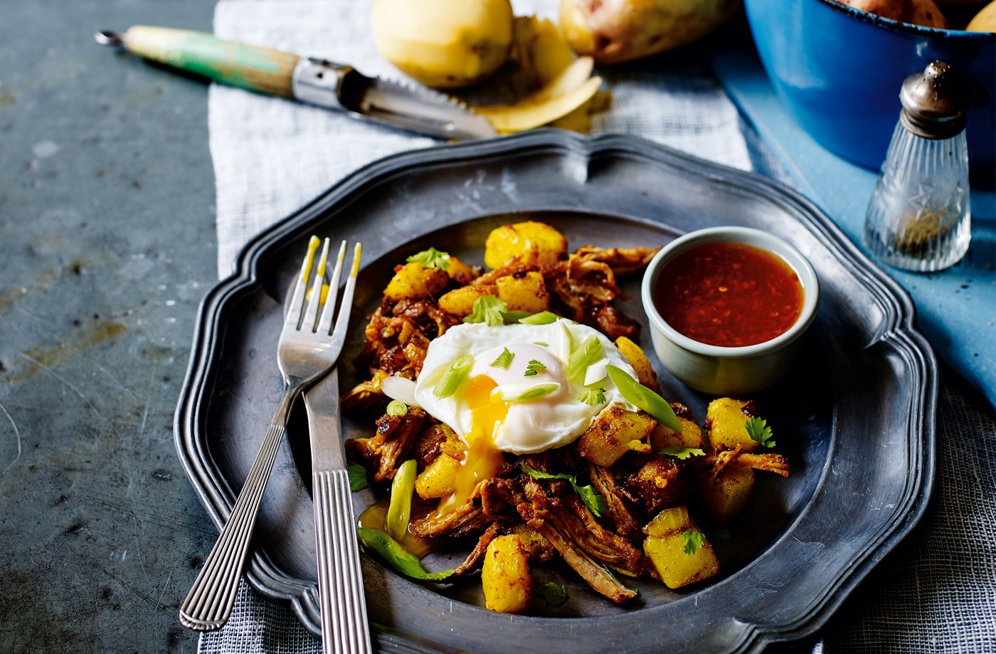Potato hash with pulled pork and poached eggs recipe