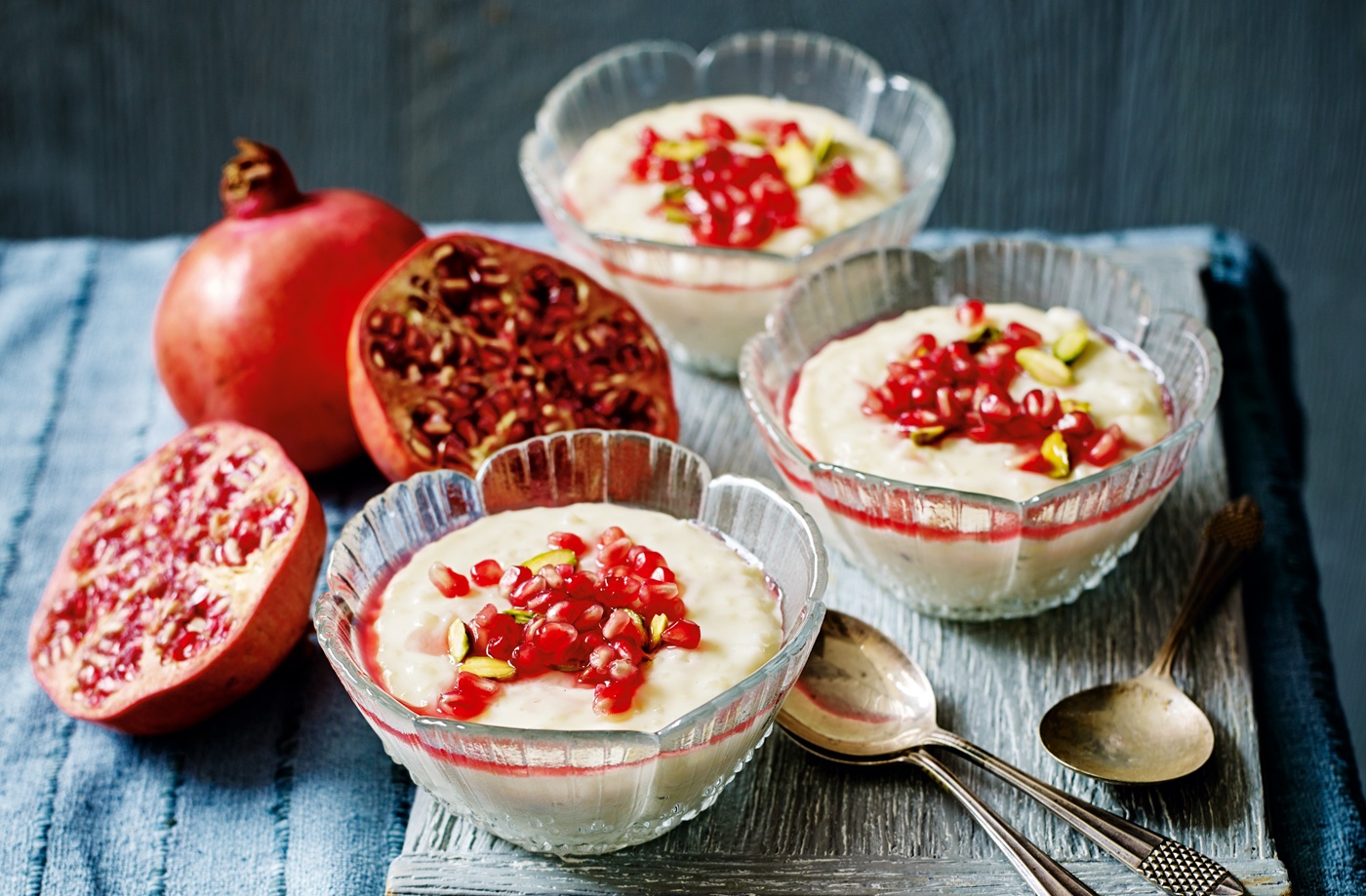 Rosewater rice pudding with pomegranate and pistachio recipe
