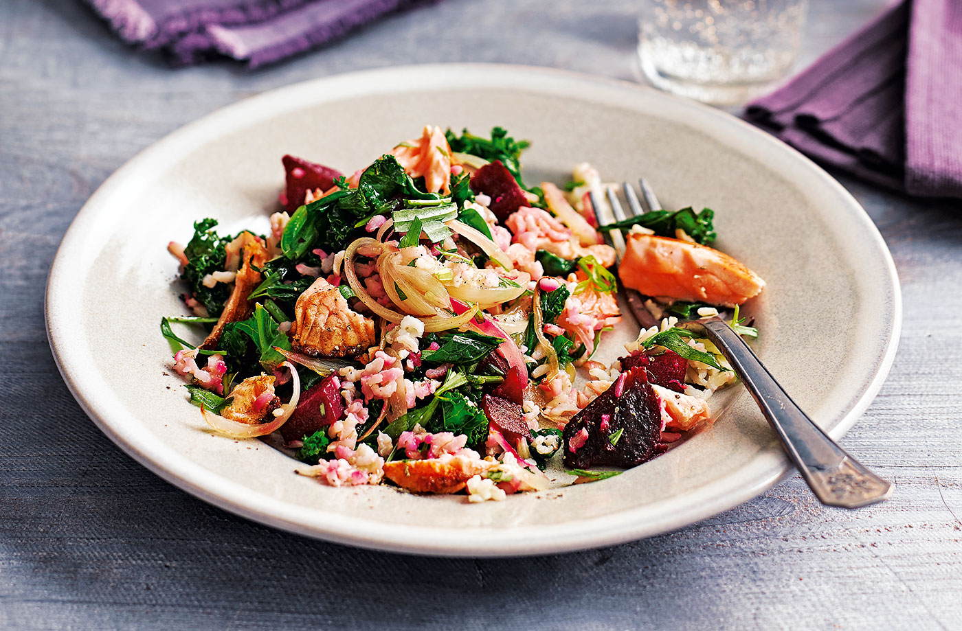Salmon, beetroot and baby greens pilaf recipe