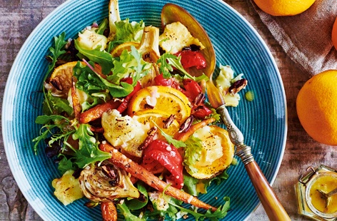 Oranges are popular for their ability to lend vibrancy and tartness to dishes. This dinner for two sees them roasted alongside sweet root vegetables and creamy goat’s cheese and drizzled with a gorgeously zesty dressing