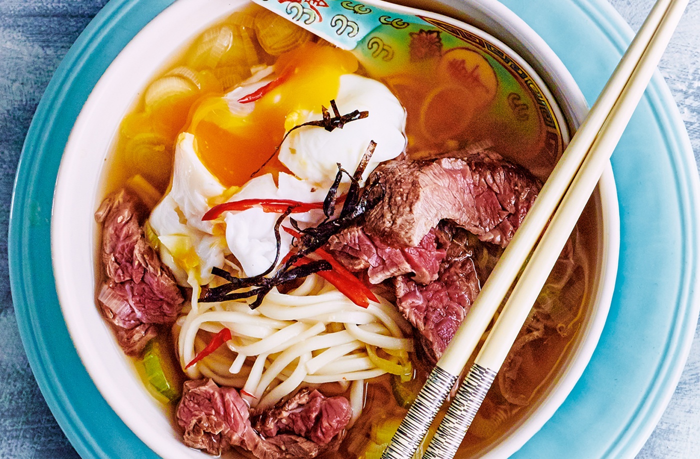 Udon noodle broth with beef and leeks recipe