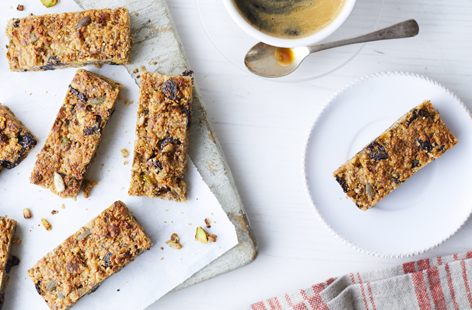 These oat, seed and fruit packed flapjacks really are the ultimate healthy snack. Prepare a batch, in just over half an hour, and have them ready to go for when the urge to snack strikes