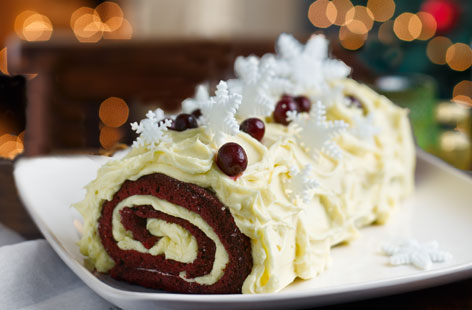  Share a slice of this traditional Yule log with a twist – red velvet cake mix and fresh cranberries infused in a Cointreau liqueur