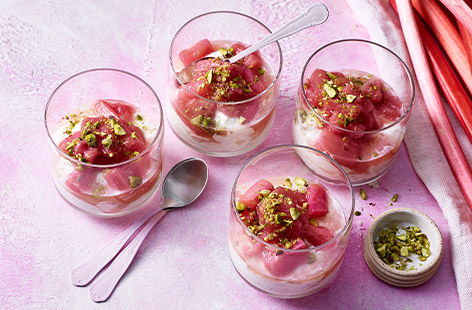 Fresh spring produce is the star of the show as tart rhubarb makes the perfect partner for ginger and pistachio in this simple, seasonal dish 