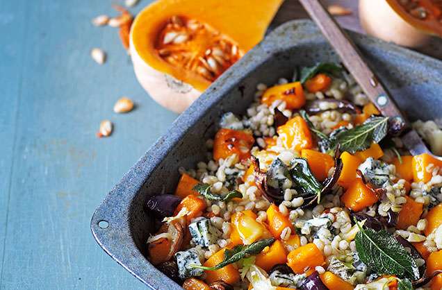 Roast butternut squash with pearl barley, gorgonzola and sage recipe
