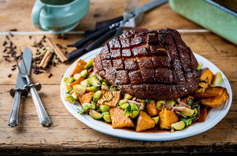 This twist on the classic roast gammon with a sticky Far Eastern-inspired glaze will be a hit at the Christmas table, with its combination of warm spices and slightly salty, unctuous ham.