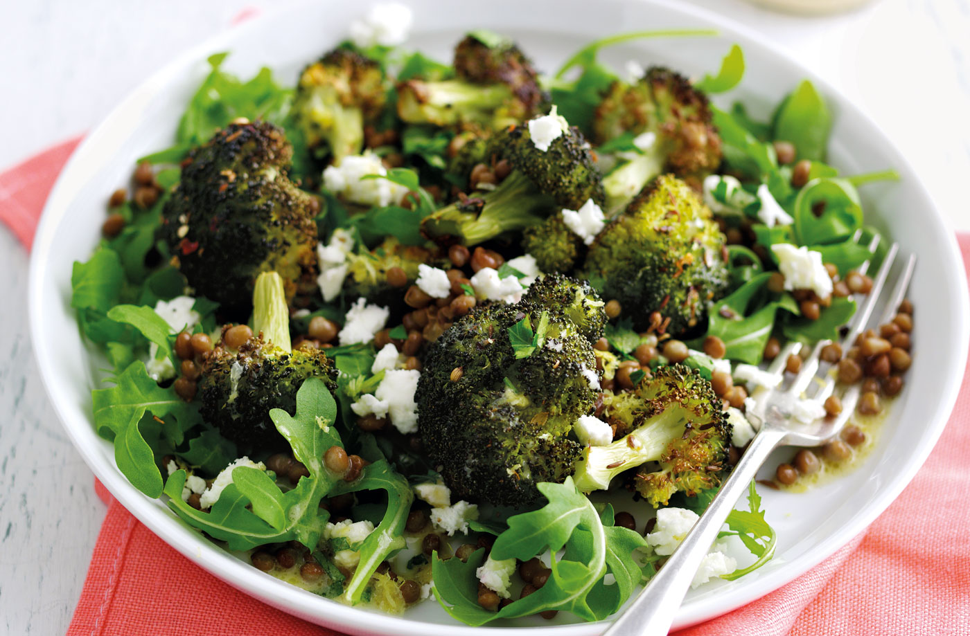 Roasted broccoli salad with feta and lentils recipe