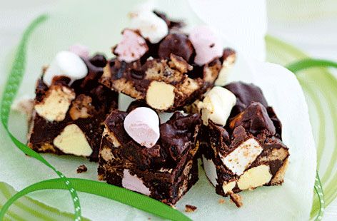 Stir together these chocolate and marshmallow squares for a teatime treat the kids will love. With colourful marshmallows, crunchy chocolate chip cookies and juicy cherries, these indulgent squares are an easy baking project to make with the kids.