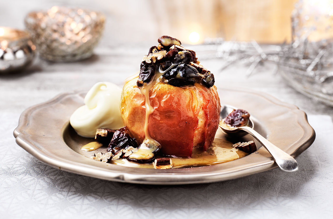 Salted caramel apples with spiced winter fruit and nuts recipe