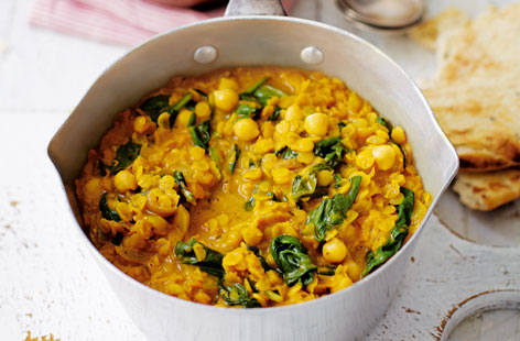 Make this wholesome and hearty dhal dish made with coconut milk, chickpeas and red lentils